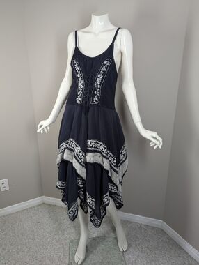 Boho Lace Trim Handkerchief Dress Rayon Adjustable Tie Front Festival Dress One